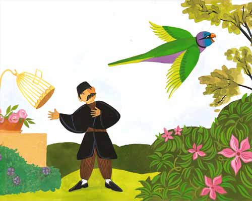 Il·lustració de A. Cook del llibre El Mercader i el lloro, de l'editorial Joventud